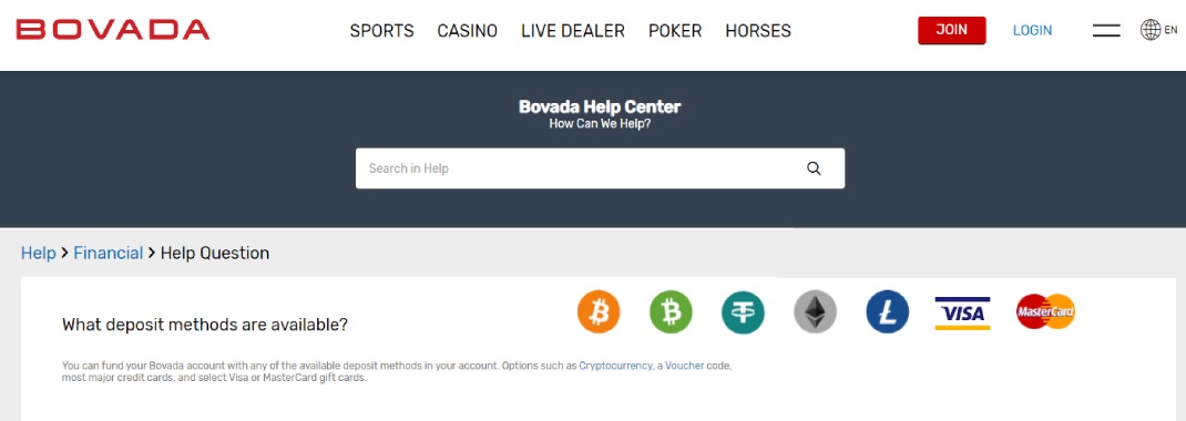 Casino Bovada payment methods